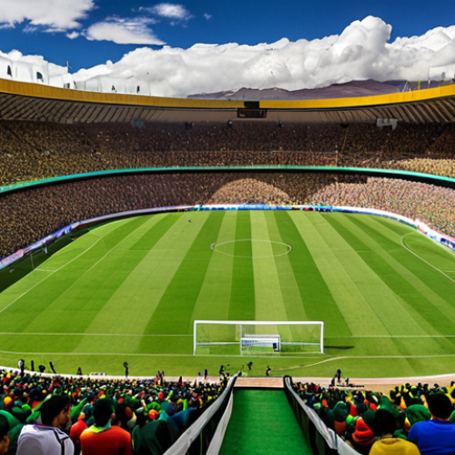 Home 11 **Prompt:** Estadio Hernando Siles, La Paz, Bolivia. Packed stadium, passionate Bolivian fans cheering. High altitude setting, dramatic sky. Focus on the overwhelming atmosphere and the difficulty for visiting teams. "La Verde" colors prominent.
