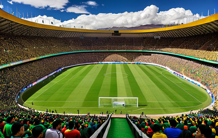 **Prompt:** Estadio Hernando Siles, La Paz, Bolivia. Packed stadium, passionate Bolivian fans cheering. High altitude setting, dramatic sky. Focus on the overwhelming atmosphere and the difficulty for visiting teams. "La Verde" colors prominent.