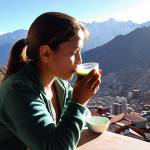 A serene traveler, perhaps a woman, gently sips from a cup of "mate de coca" (coca tea) while seated on a terrace or balcony with a breathtaking panoramic view of the high-altitude Andes mountains and the city of La Paz below. The scene emphasizes adaptation, tranquility, and the unique cultural remedy for altitude sickness. The lighting should be soft, conveying a sense of calm and well-being.